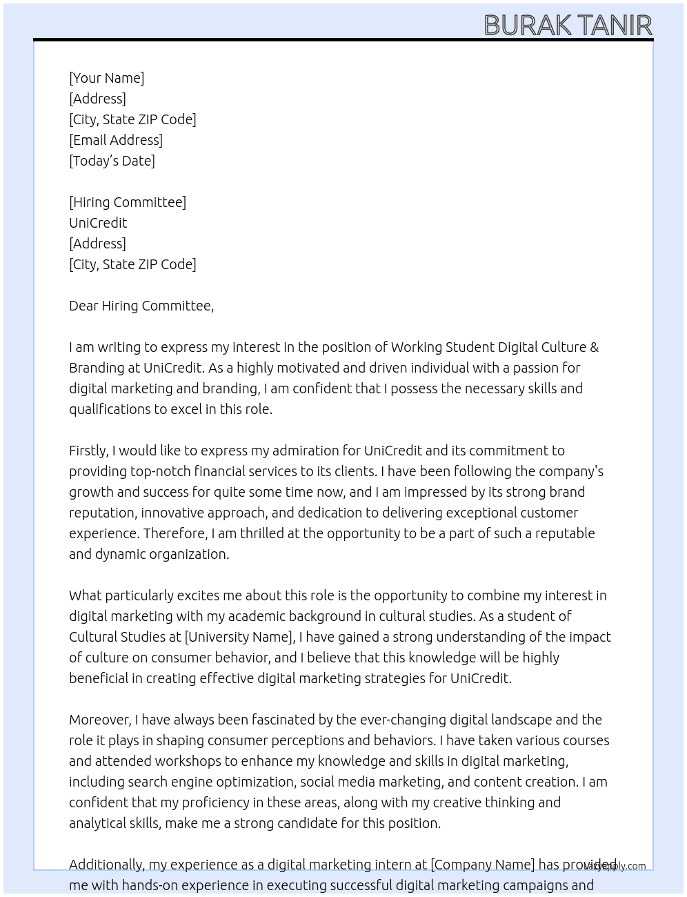 WORKING STUDENT DIGITAL CULTURE & BRANDING At UniCredit  Cover Letter