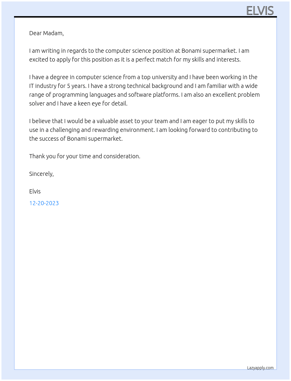 Computer science   At Bonami supermarket  Cover Letter