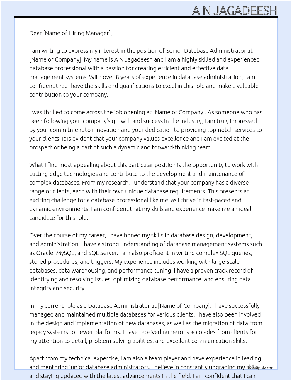 Senior Database Administrator At . Cover Letter