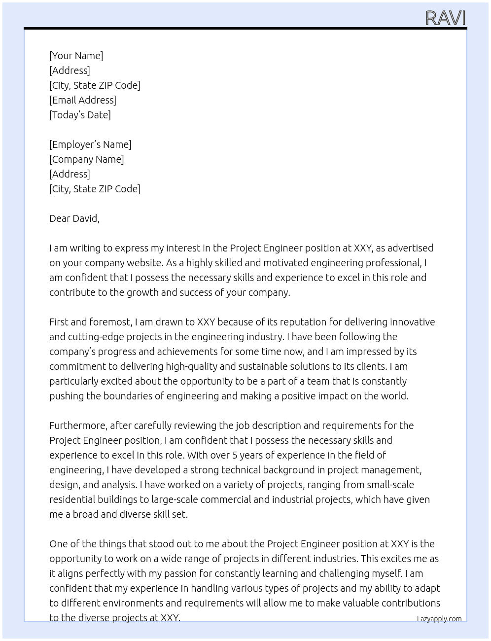 Project Engineer At xxy Cover Letter