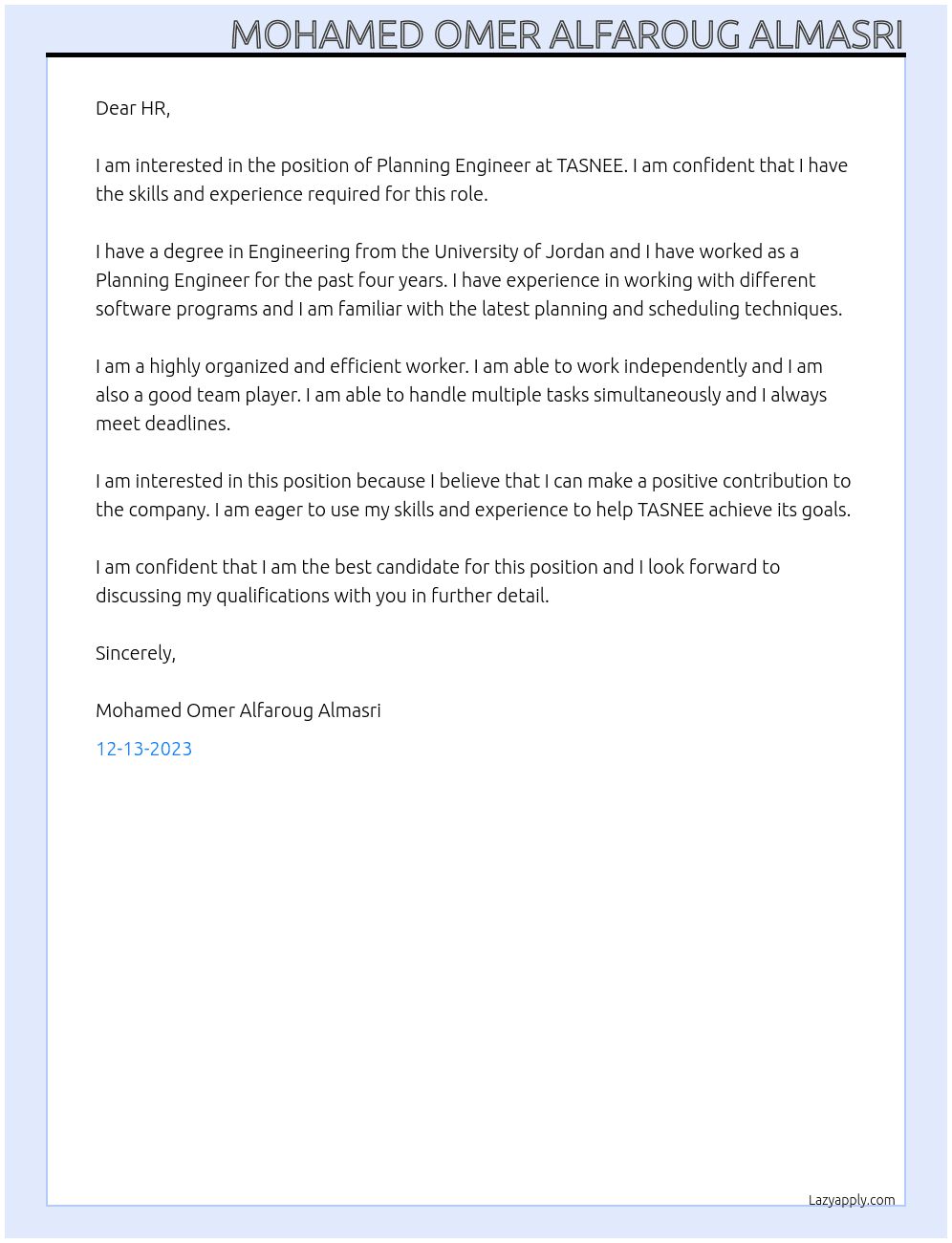 Planning Engineer At TASNEE Cover Letter