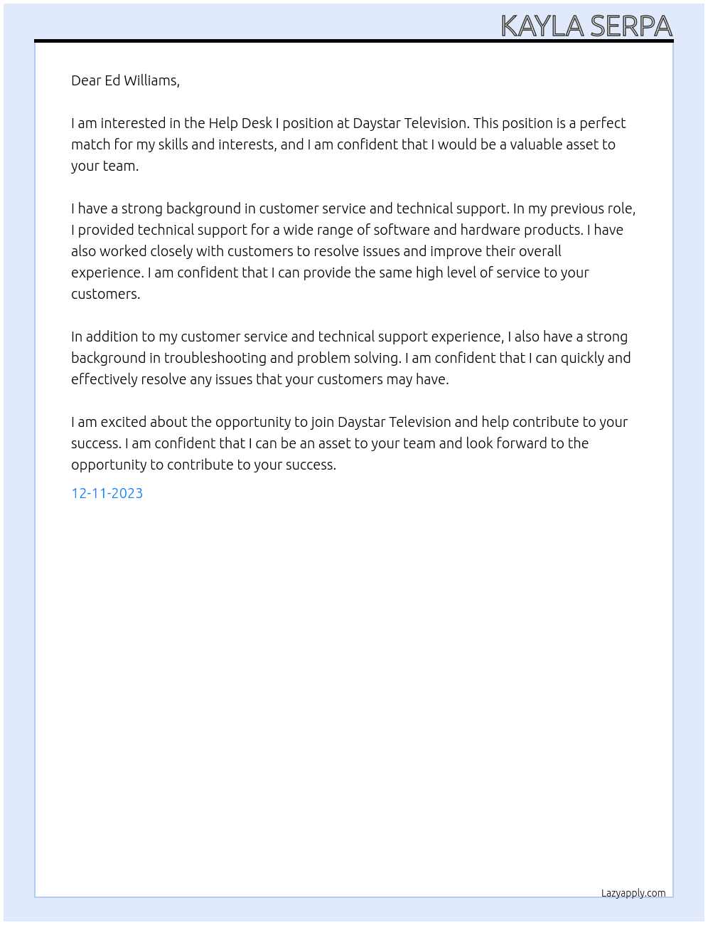 Help Desk I At Daystar Television Cover Letter