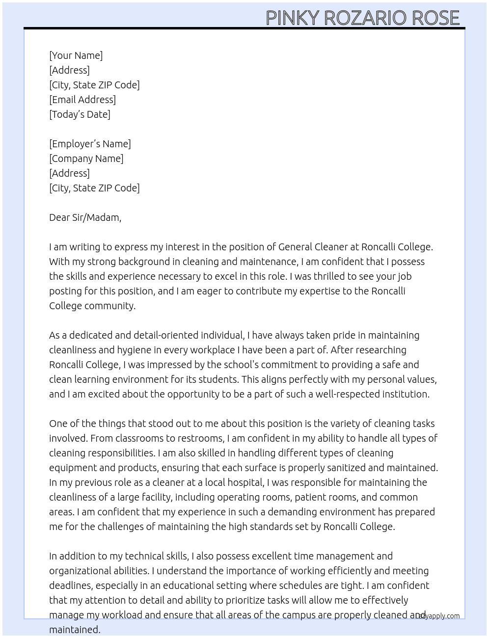 General Cleaner  At Roncalli College  Cover Letter