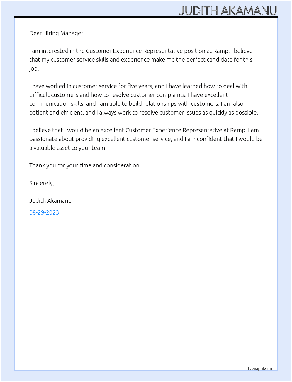 Customer Experience Representative At Ramp Cover Letter