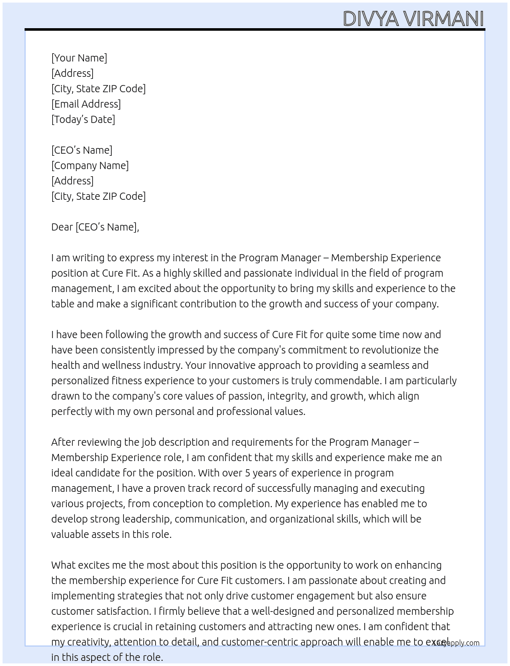 Program manager - membership experience At Cure fit Cover Letter