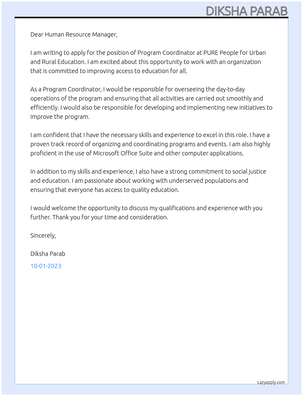 Program Co-ordinator At PURE People for Urban and Rural Education Cover Letter