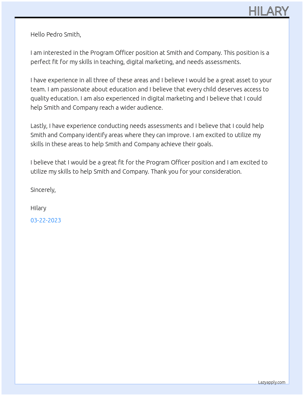 Program Officer At Smith and Company Cover Letter