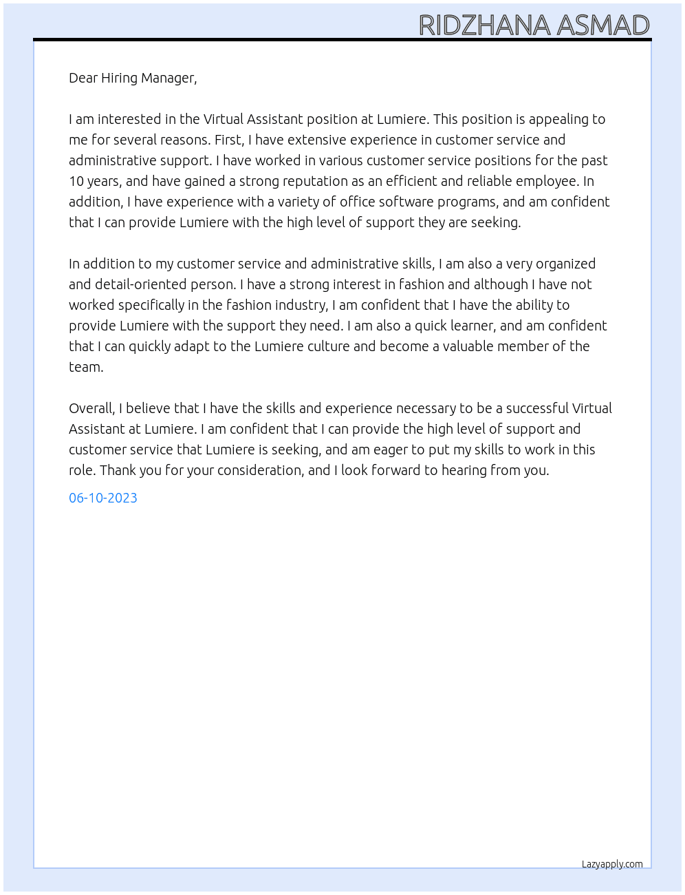 Virtual Assistant At Lumiere Cover Letter