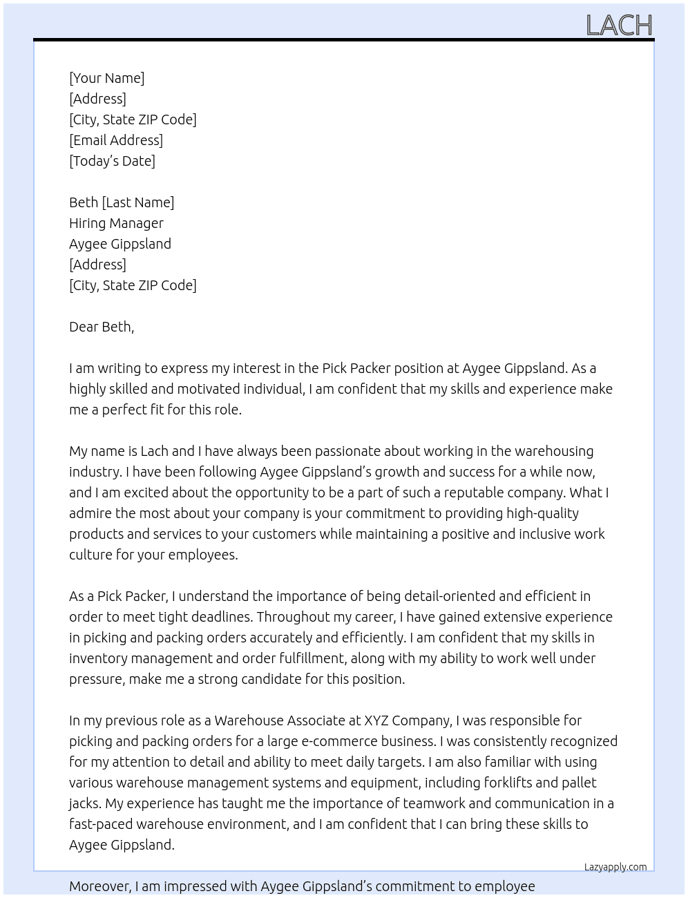 pick packer At Aygee Gippsland Cover Letter