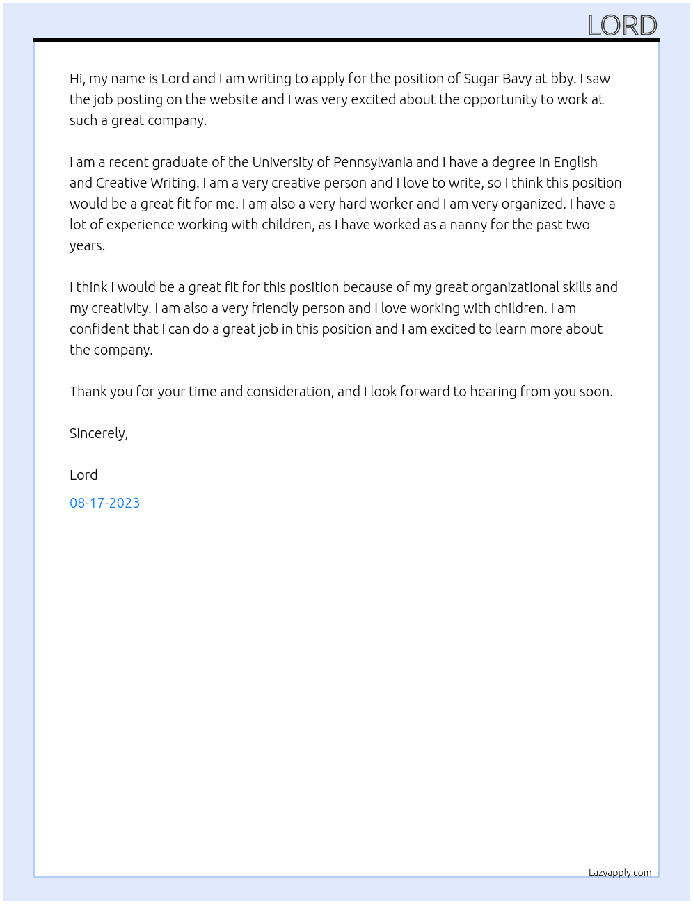 Sugar Bavy At bby Cover Letter