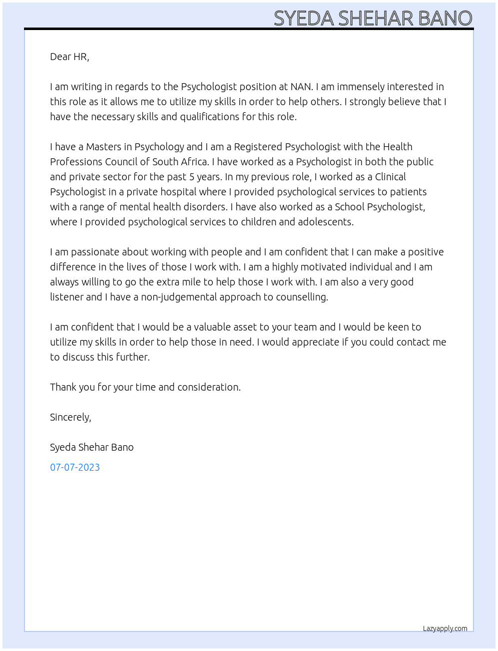 Psychologist At NAN Cover Letter