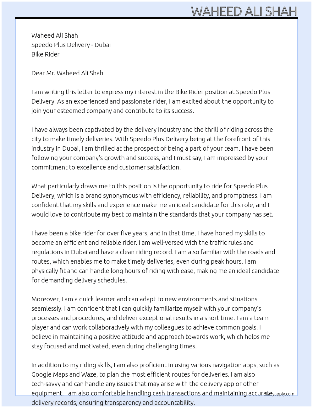 Bike Rider At Speedo Plus Delivery - Dubai Cover Letter