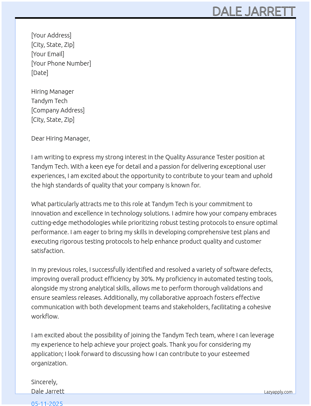 Cover letter for quality assurance tester - LazyApply