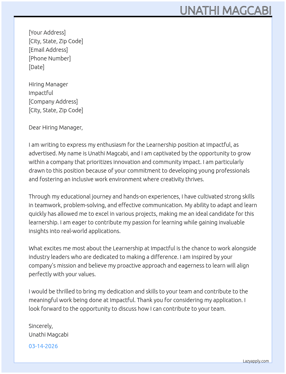 Learnership At Impactful Cover Letter