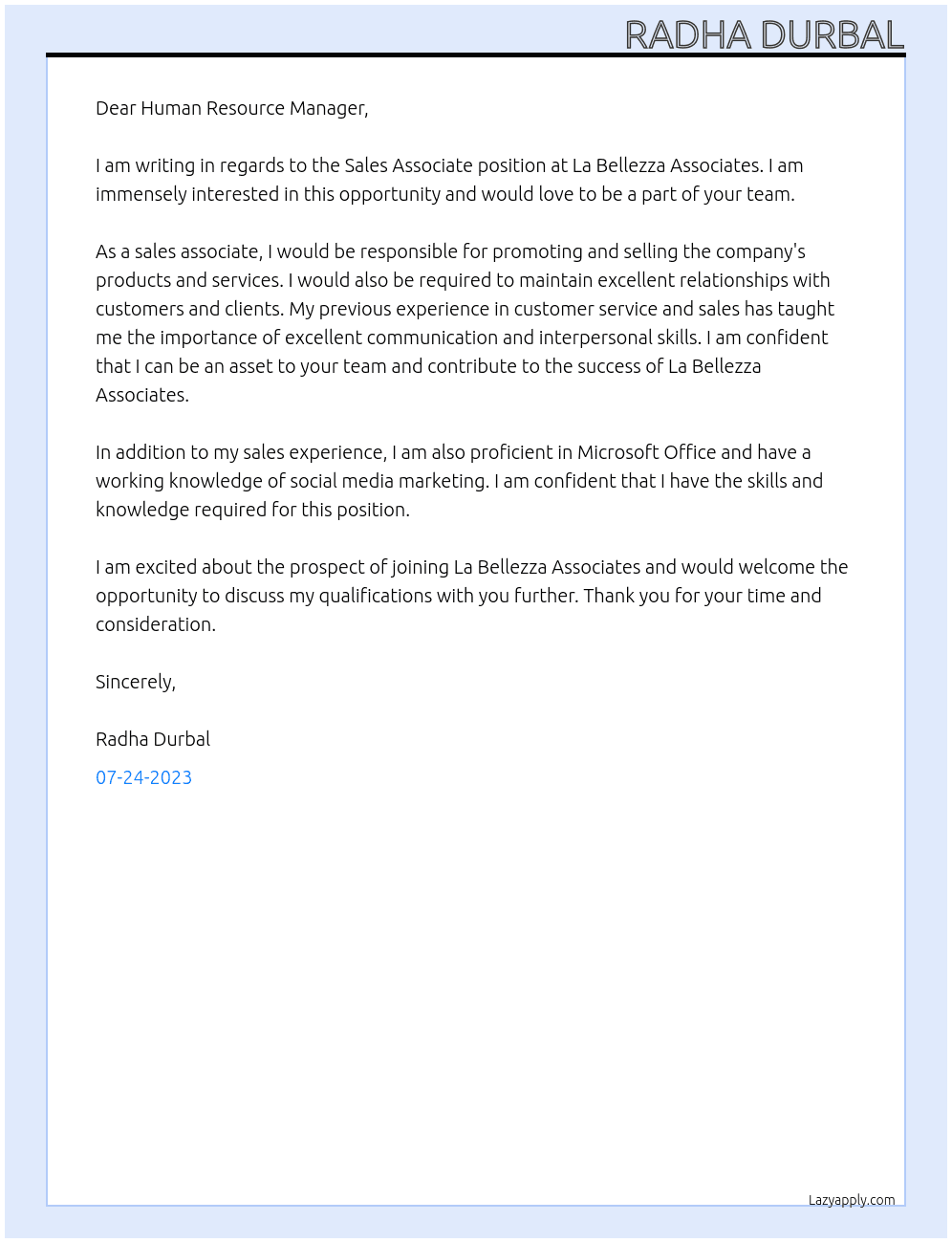 Sales Associate At La Bellezza Associate Cover Letter