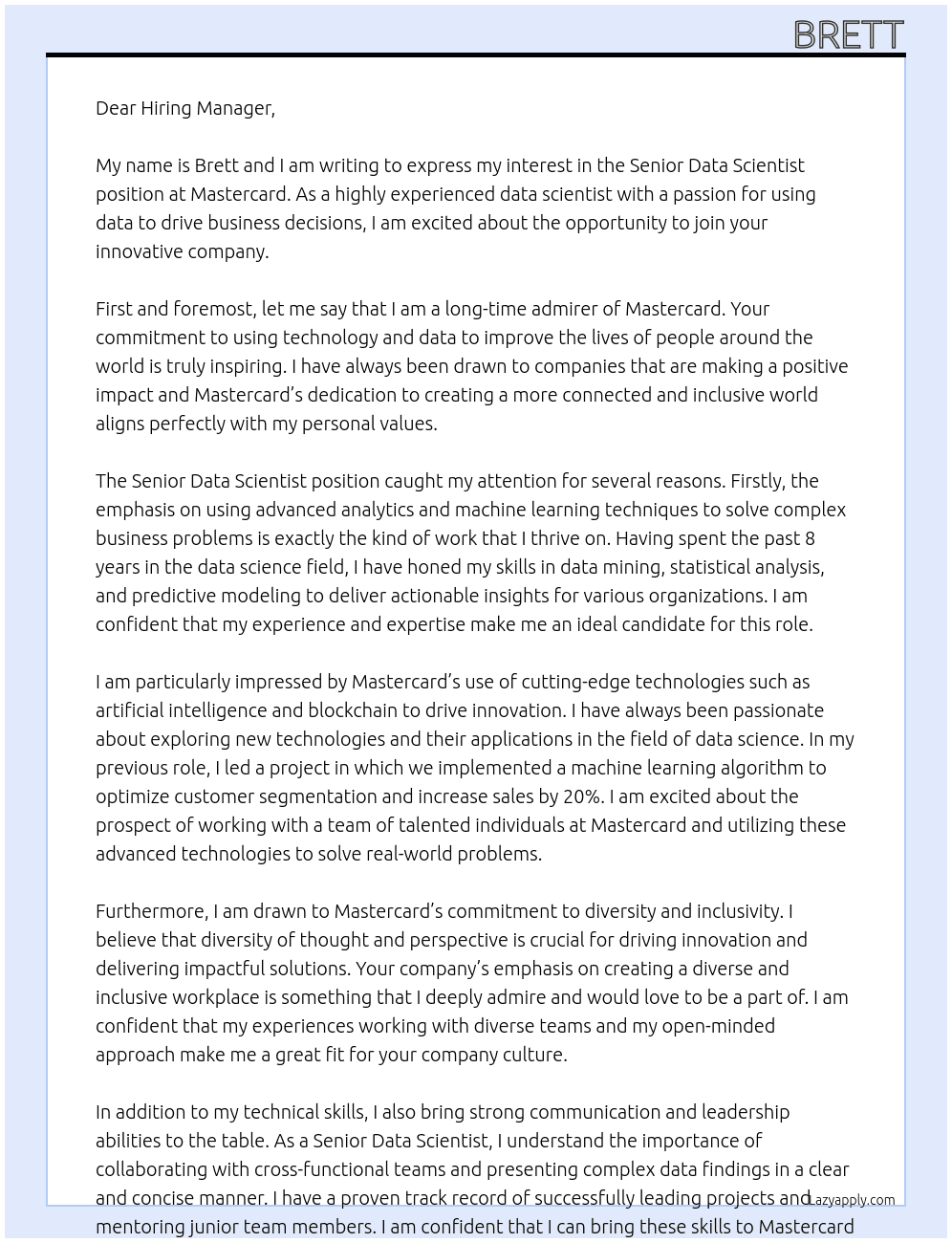 senior data scientist At mastercard Cover Letter