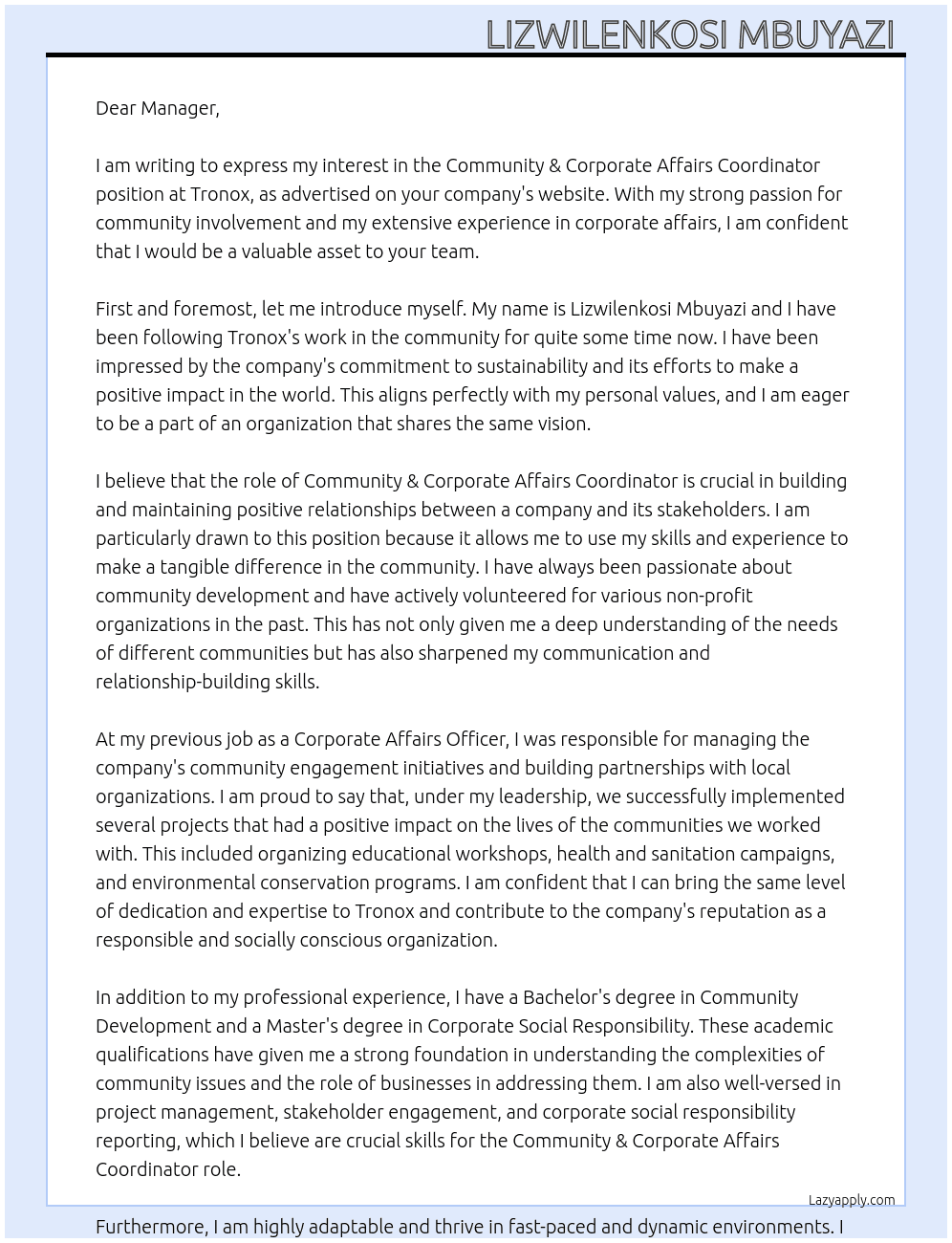 Community & Corporate Affairs Coordinator  At Tronox  Cover Letter