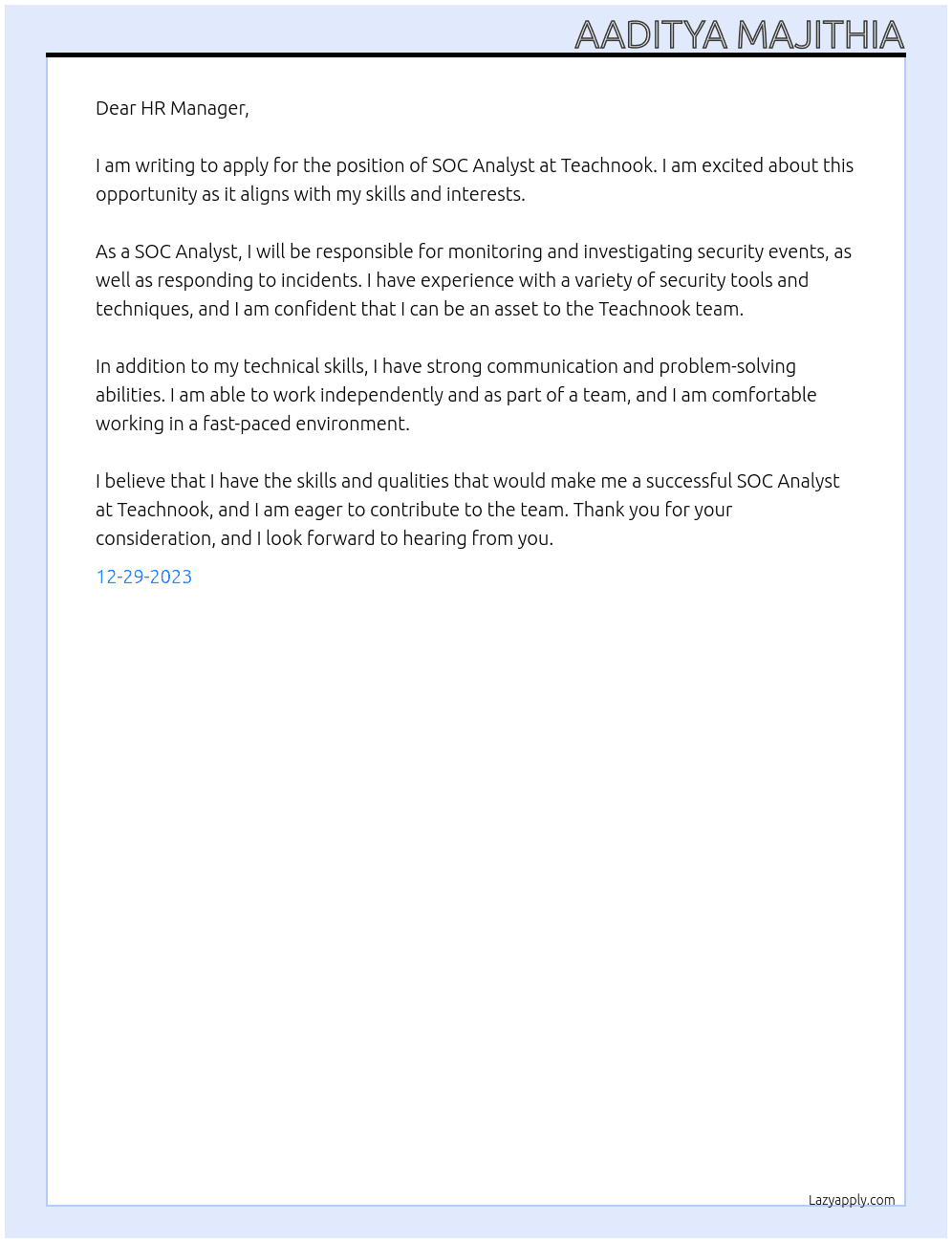 SOC Analyst  At Teachnook Cover Letter