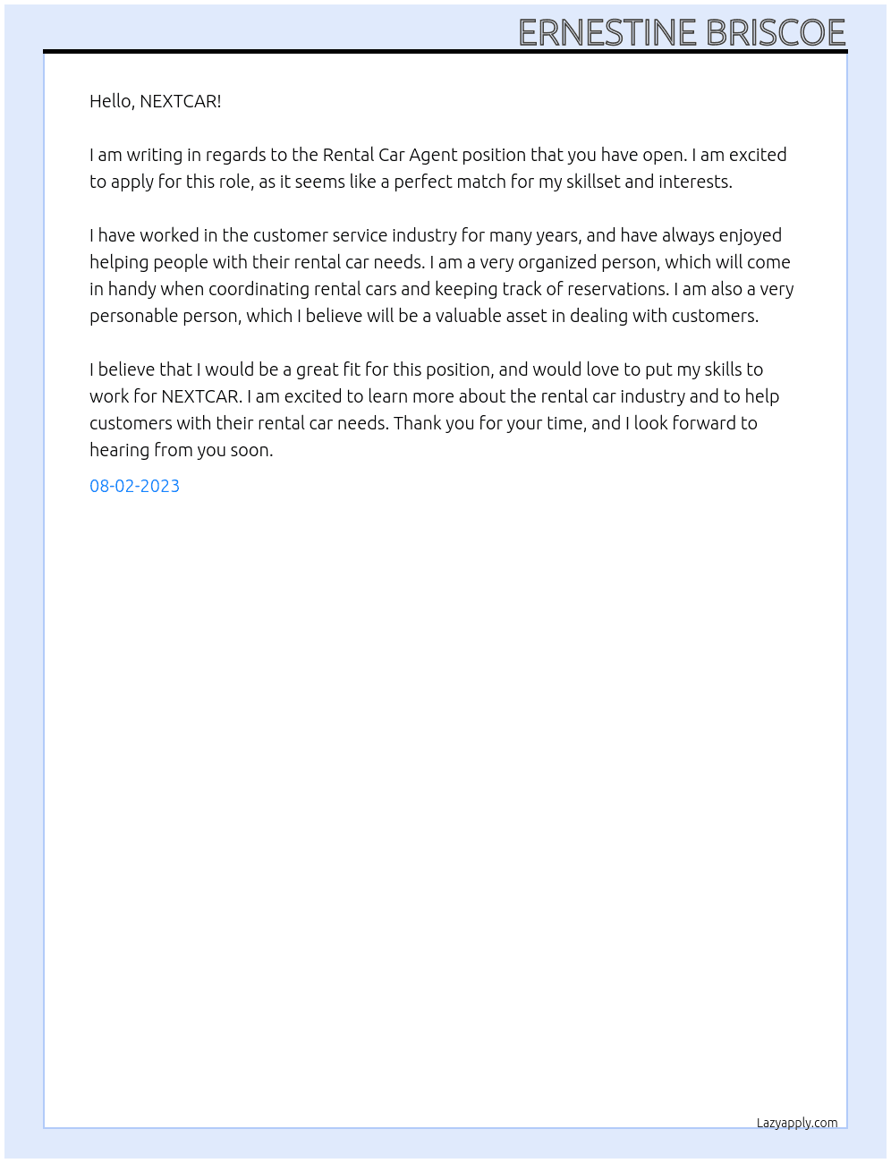 Rental Car Agent At NEXTCAR Cover Letter