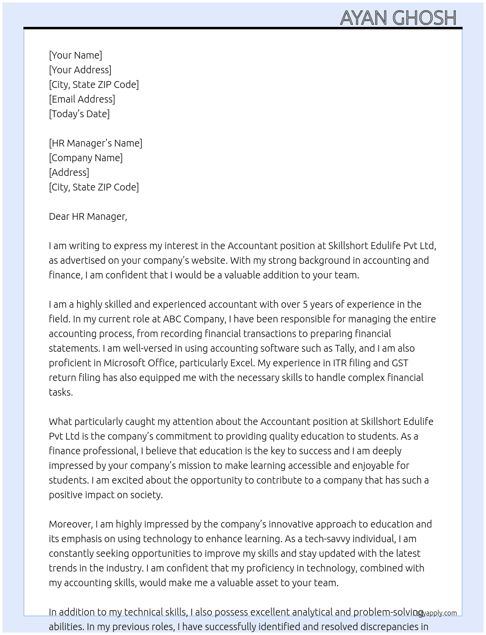 Accountant  At Skillshort Edulife Pvt Ltd  Cover Letter