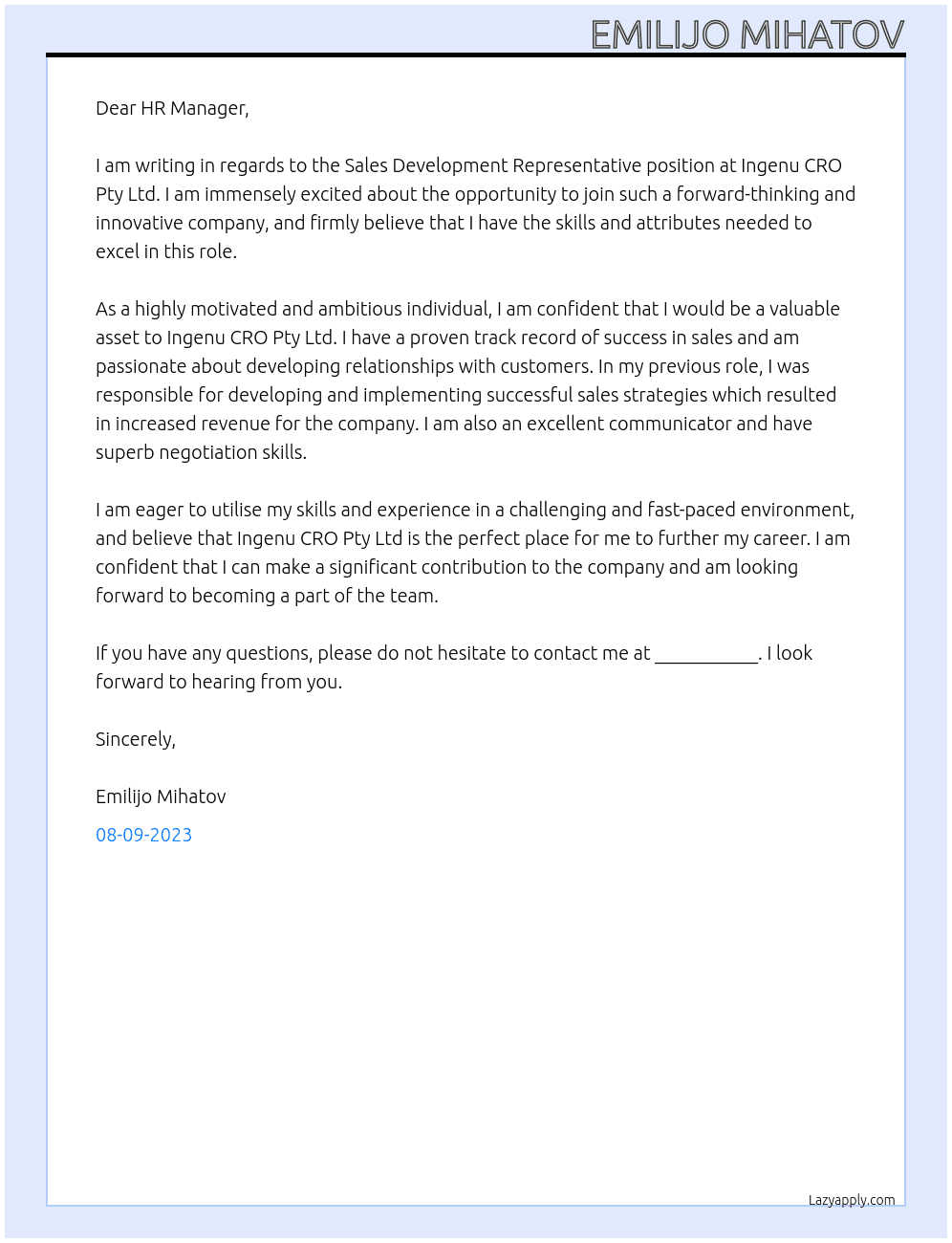 Sales Development Representative At Ingenu CRO Pty Ltd Cover Letter