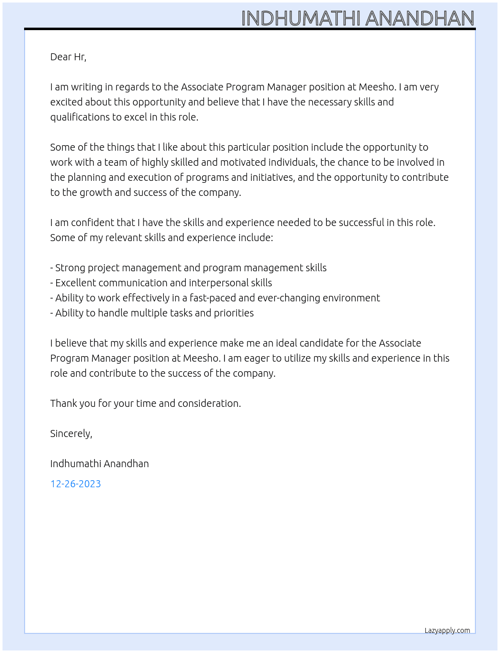 Associate program manager  At Meesho  Cover Letter