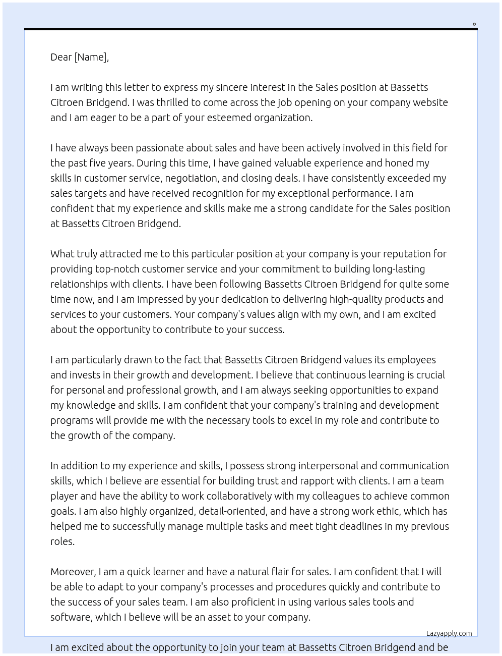 Sales At Bassetts Citroen Bridgend Cover Letter