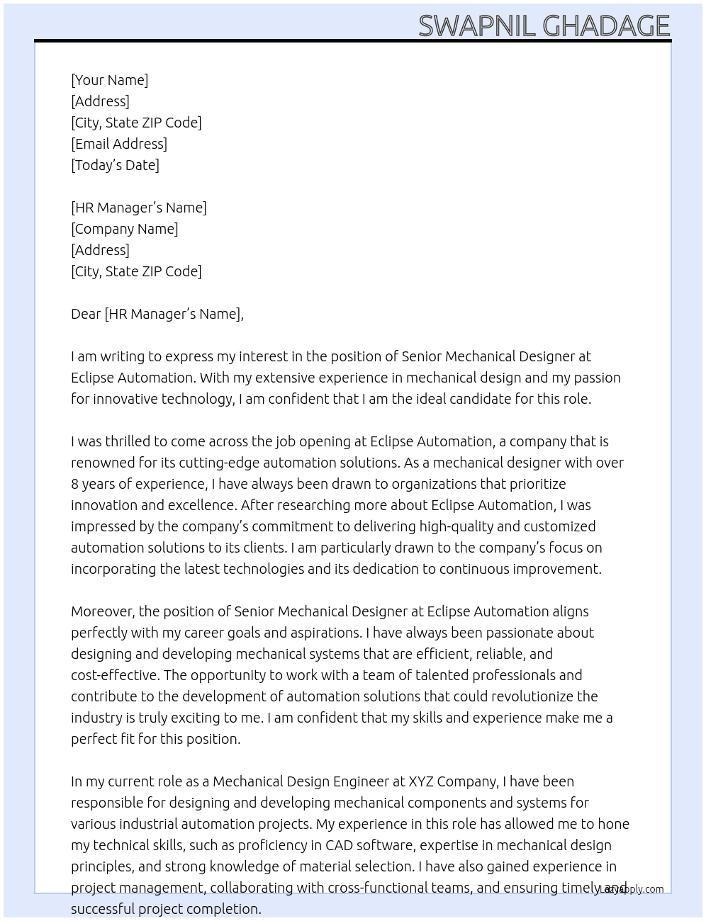 Senior Mechanical Designer At Eclipse Automation Cover Letter
