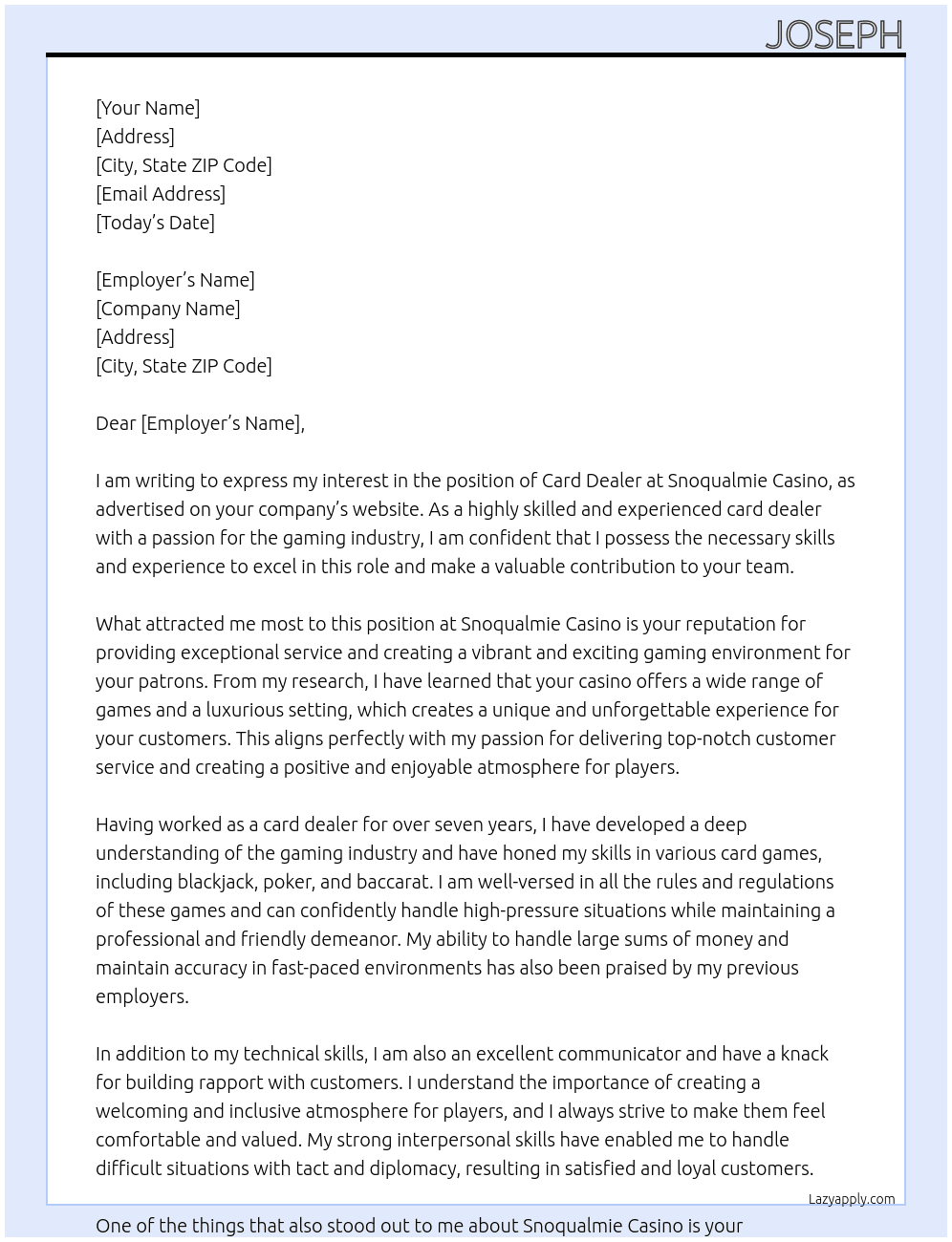 Card Dealer At Snoqualmie Casino Cover Letter