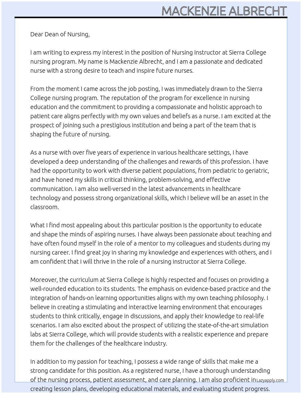 nursing instructor At Sierra College nursing program Cover Letter
