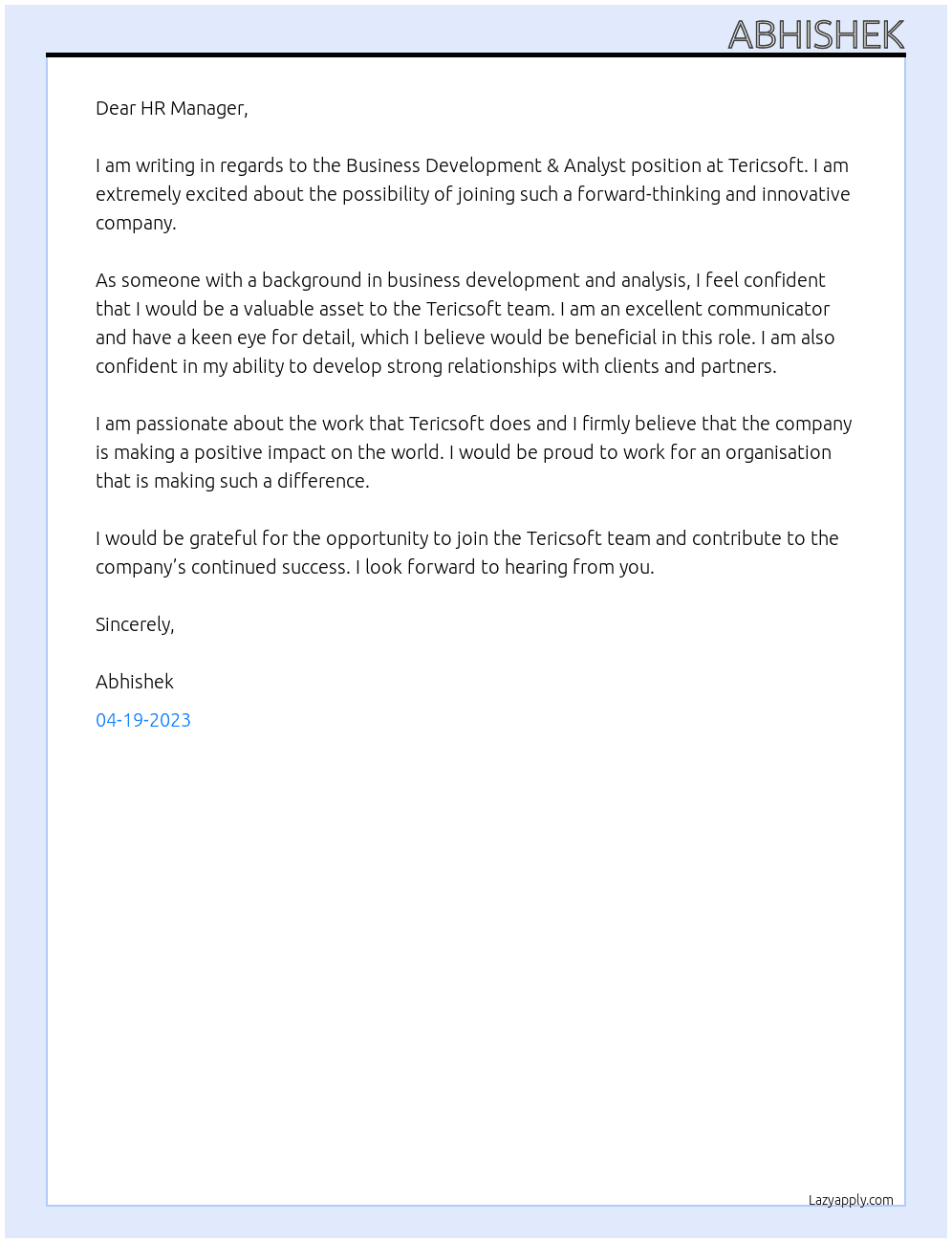 Business development & analyst At Tericsoft Cover Letter