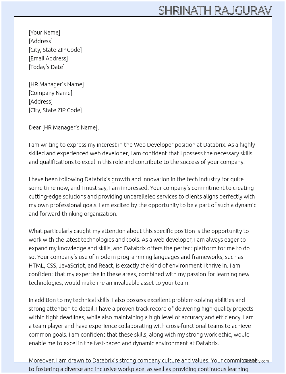 Web Developer At databrix Cover Letter