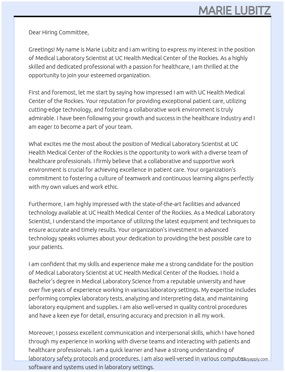 Medical Laboratory Scientist At UC Health Medical Center of the Rockies Cover Letter