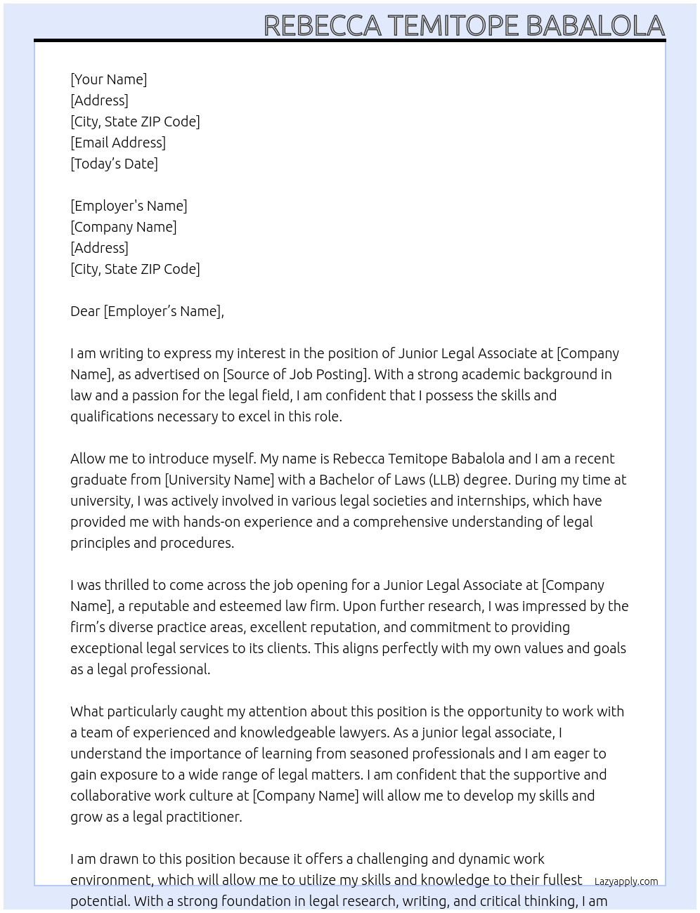 Junior Legal Associate At LAW FIRM Cover Letter