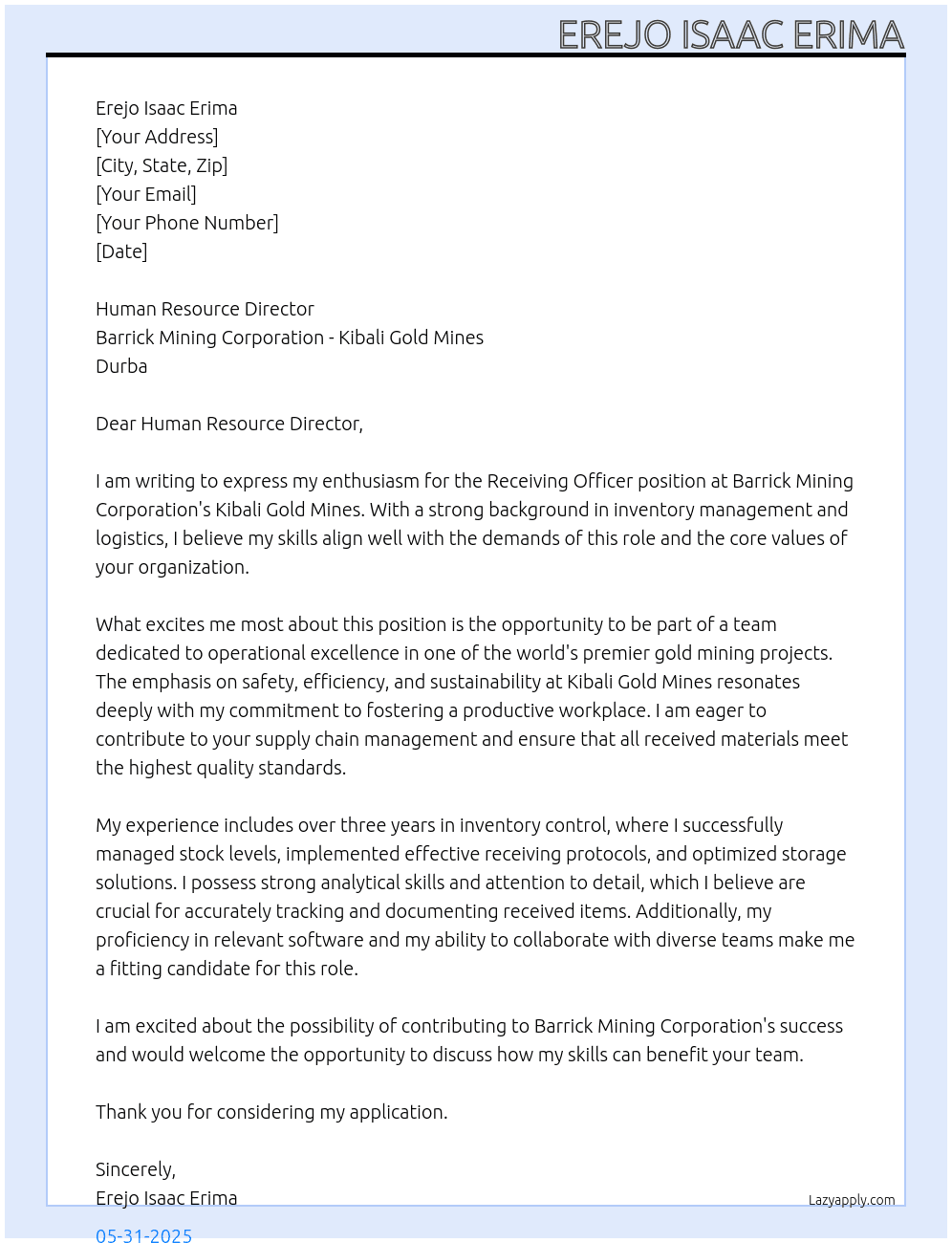 Cover letter for receiving officer - LazyApply