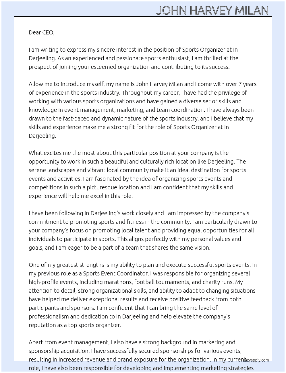 sports Organizer  At In Darjeeling Cover Letter
