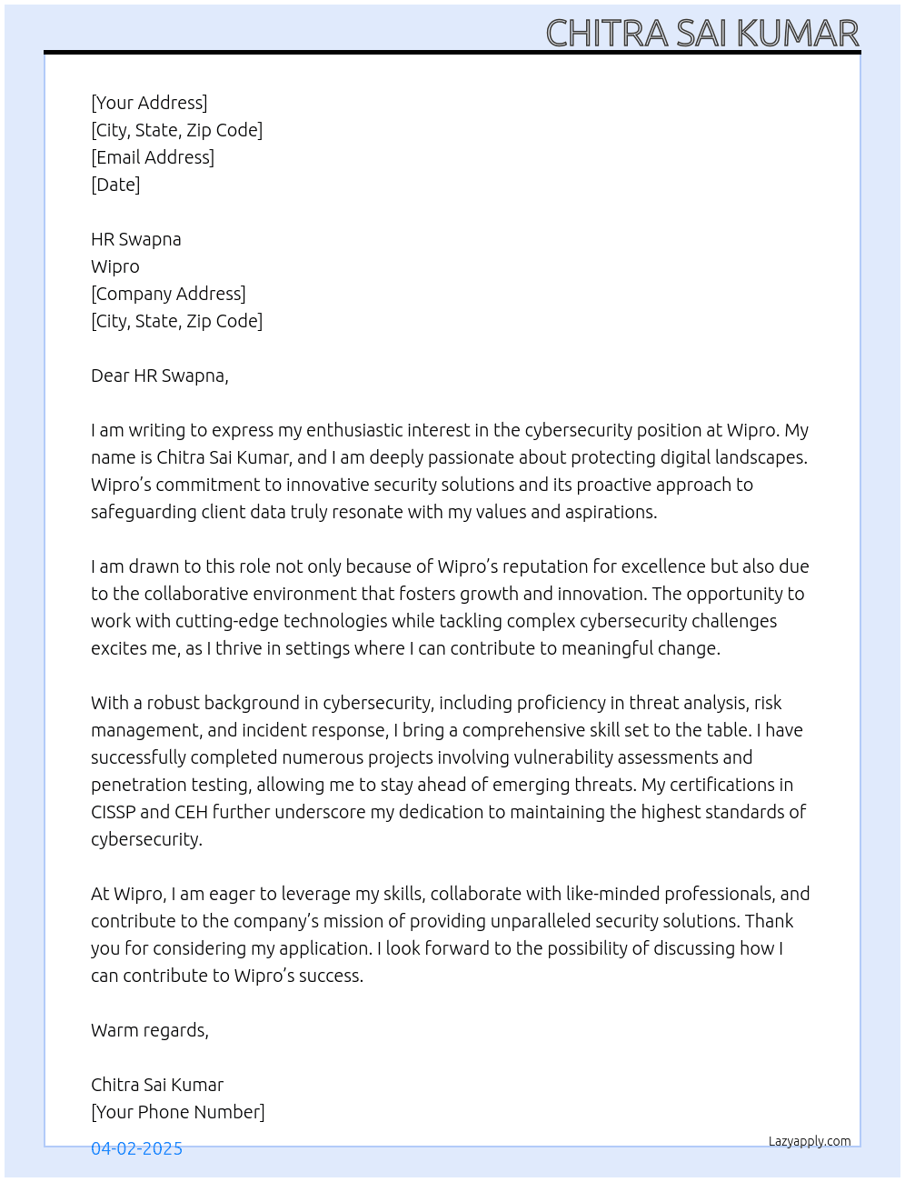 cybersecurity  At wipro Cover Letter