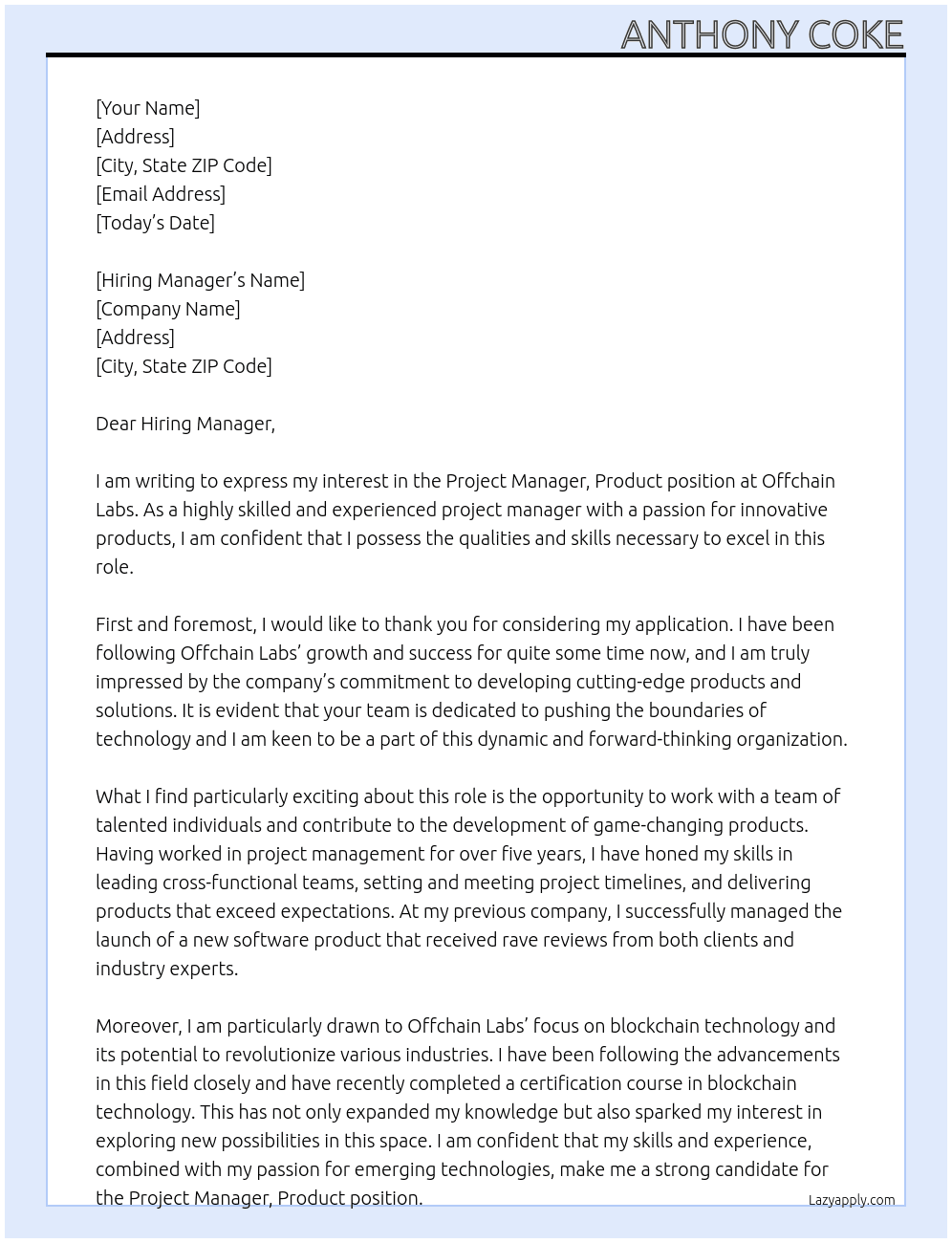 Project Manager, Product At Offchain Labs Cover Letter