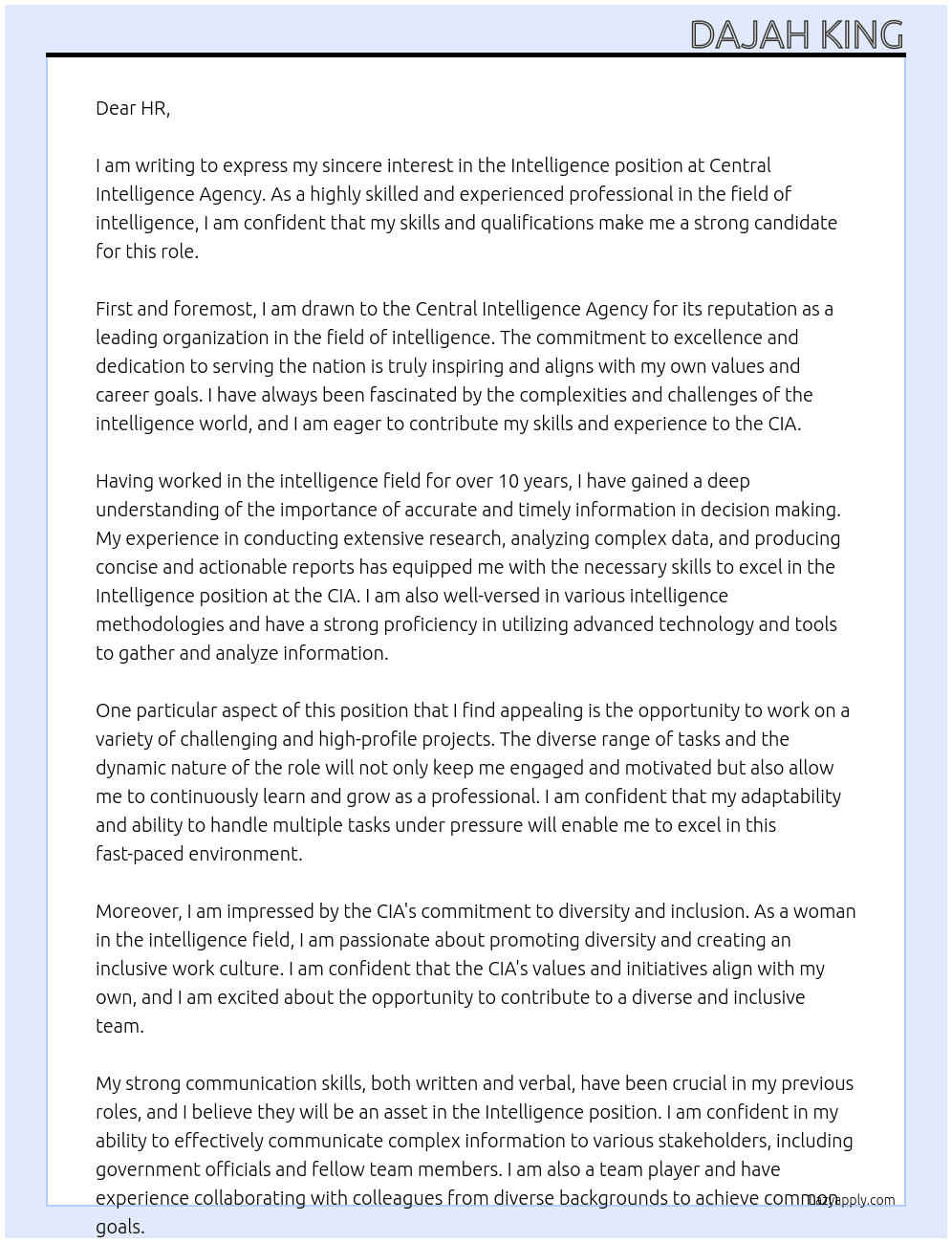 Intelligence At Central Intelligence Agency Cover Letter