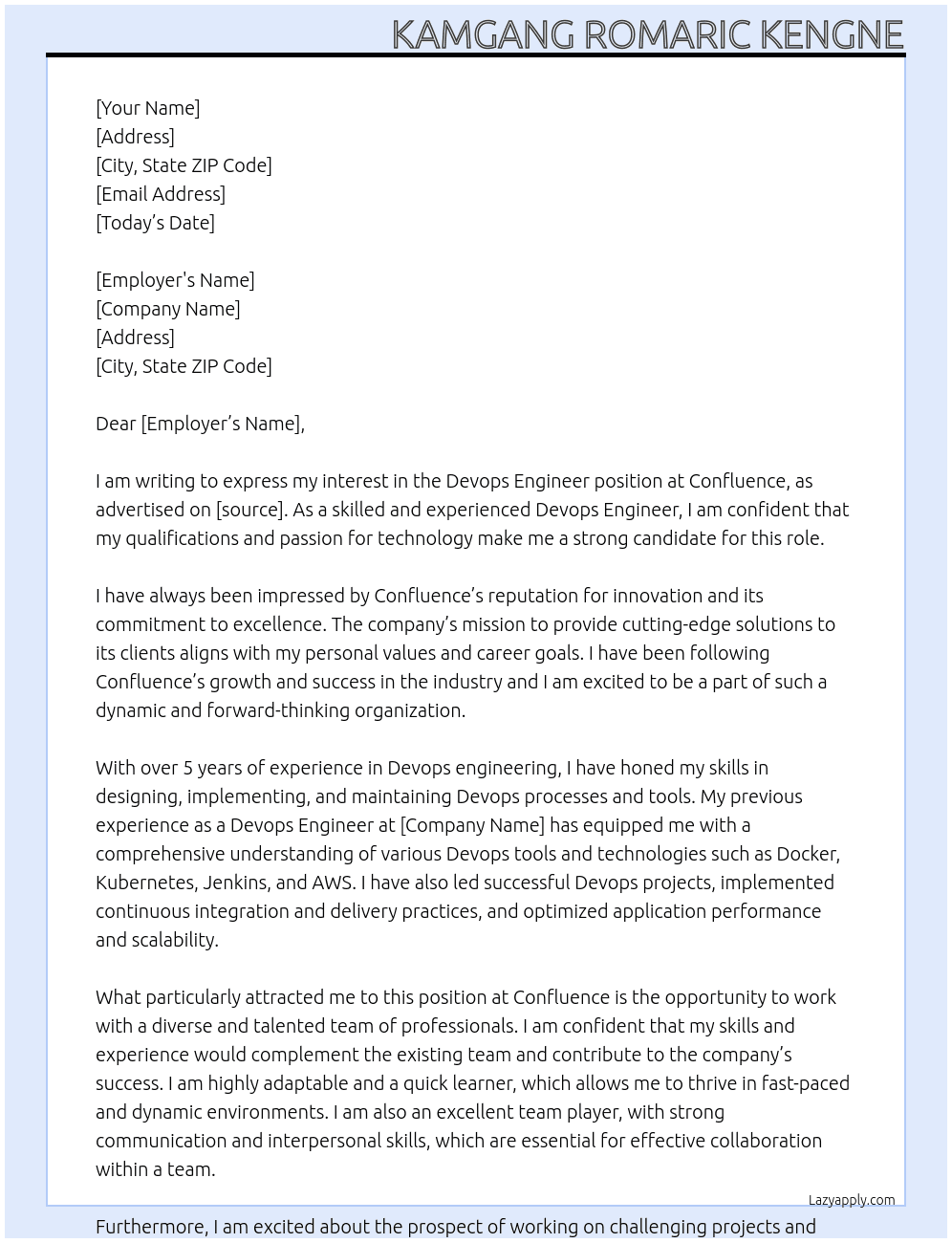 Devops engineer At Confluence Cover Letter