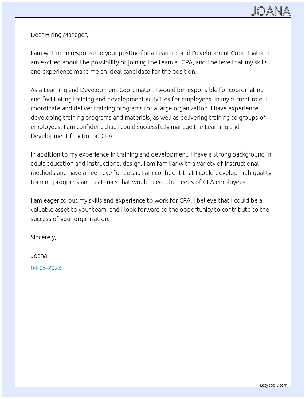 Learning and Development Coordinator At CPA Cover Letter