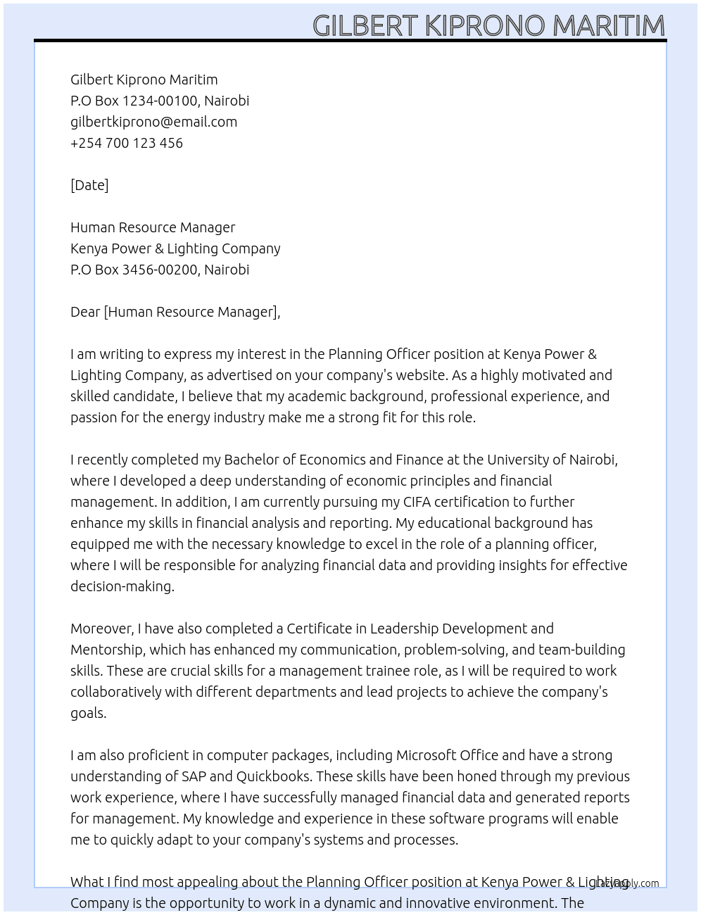 Planning officer At kenya power & Lighting company Cover Letter