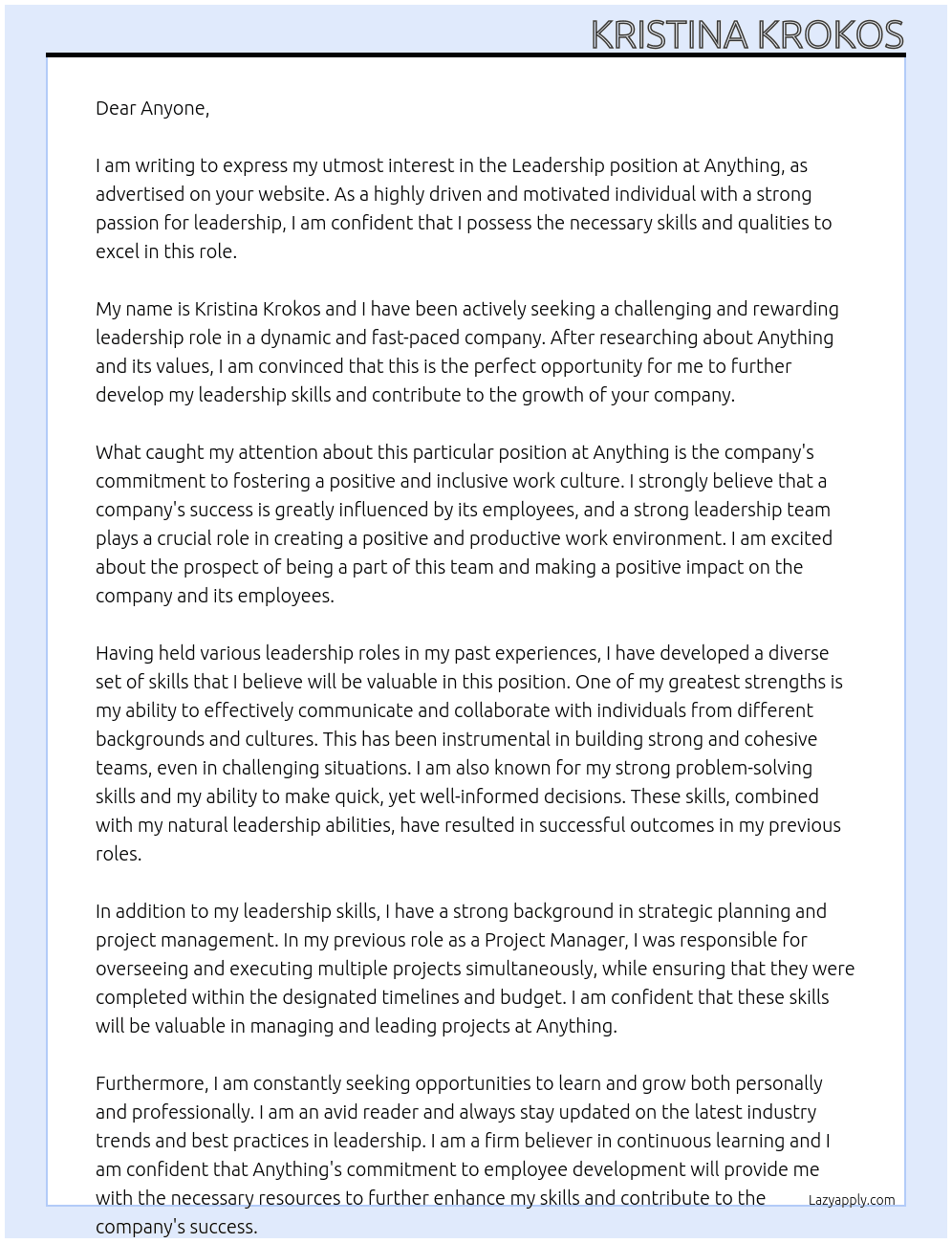 Leadership At Anything Cover Letter