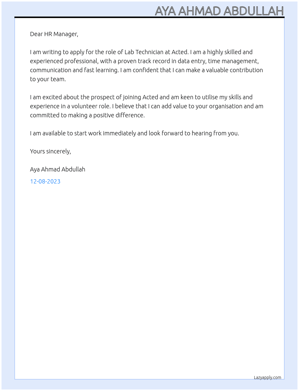 Lab technician At Acted Cover Letter