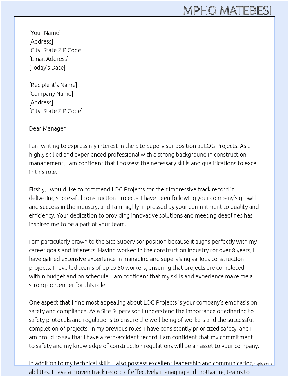 Site Supervisor  At LOG Projects  Cover Letter