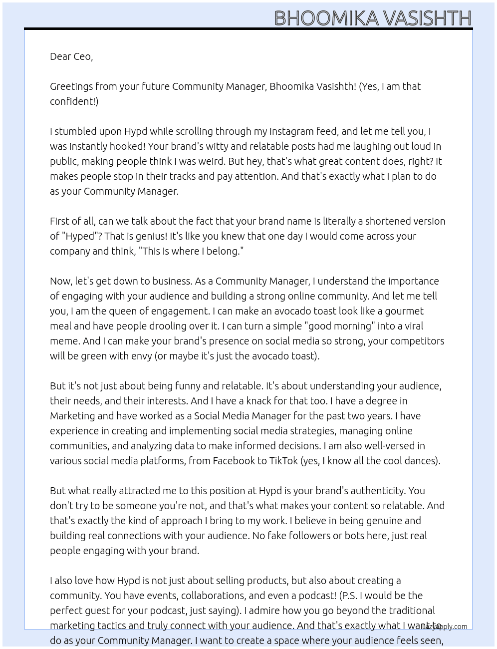 Community manager At Hypd Cover Letter