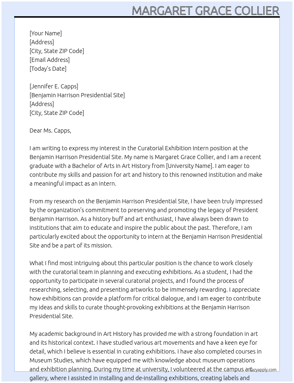 Curatorial Exhibition Intern At Benjamin Harrison Presidential Site Cover Letter