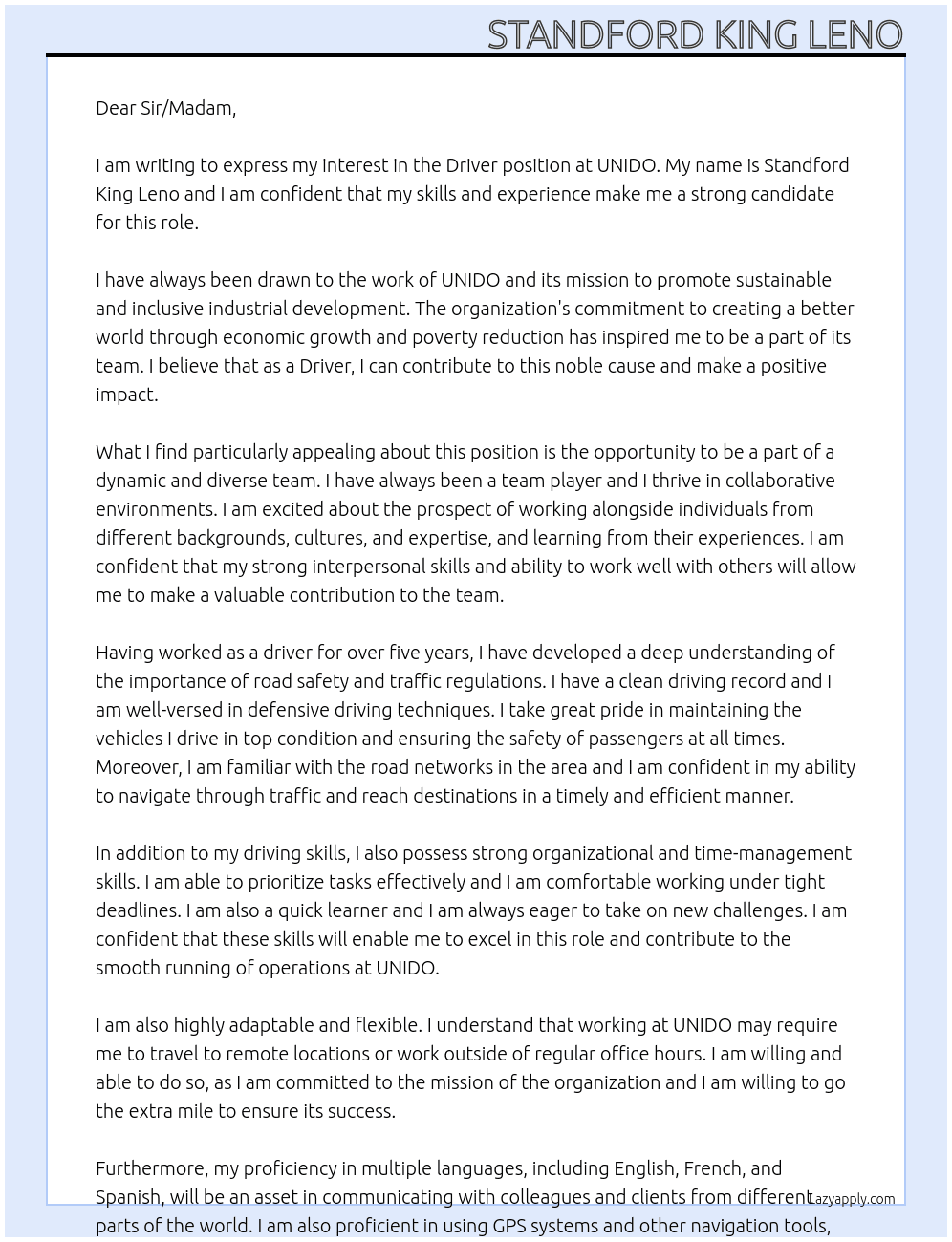 Driver At UNIDO Cover Letter