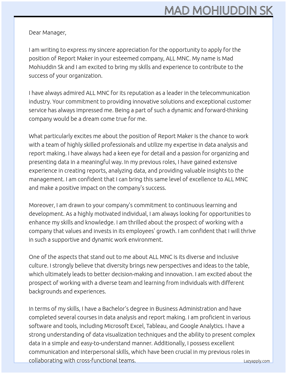 report maker of tele com At ALL MNC Cover Letter
