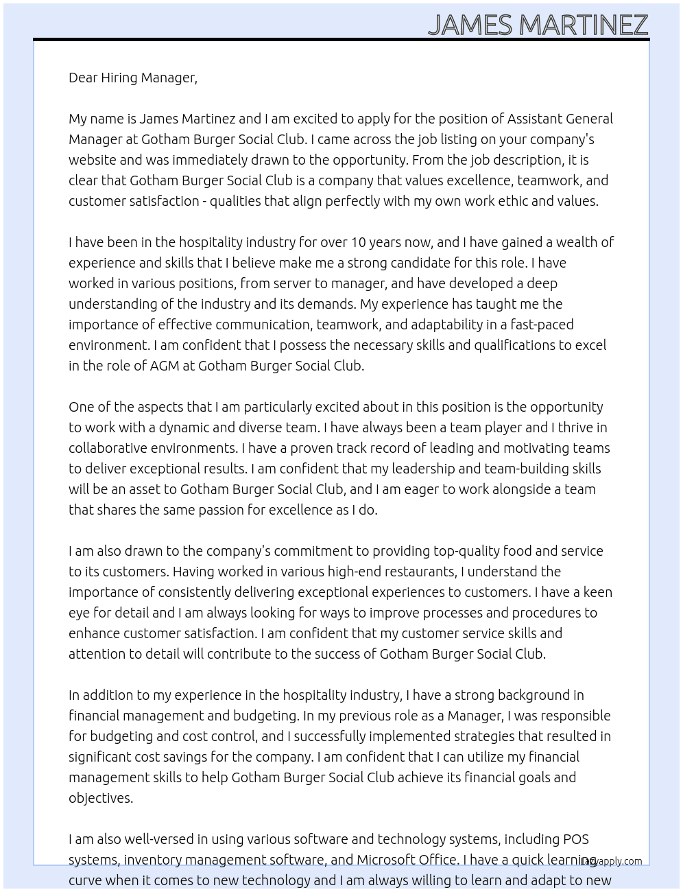 AGM At Gotham Burger Social Club Cover Letter